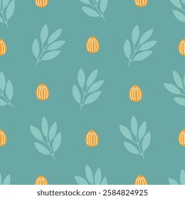 Easter seamless pattern with eggs and leaves on turquoise background. Perfect for wallpaper, gift paper, spring greeting cards. Vector hand drawn illustration