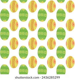 Easter seamless pattern with easter eggs on white background. Flat colored decorated eggs isolated. Unique retro print design for textile, wallpaper, interior, wrapping