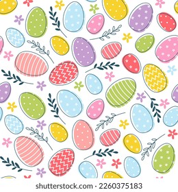 Easter seamless pattern: eggs, plants in pastel colors. Spring pattern for banners, posters, cover design templates, social media, wallpapers, greeting cards, fabrics. Flat vector illustrartion