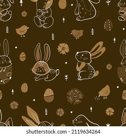 Easter. Seamless pattern with 
 easter eggs, easter rabbits, flowers and herbs. Holiday. Delicate cute texture. All elements are  hidden under mask. 