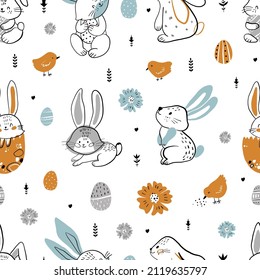 Easter. Seamless pattern with 
 easter eggs, easter rabbits, flowers and herbs. Holiday. Delicate cute texture. All elements are  hidden under mask. 