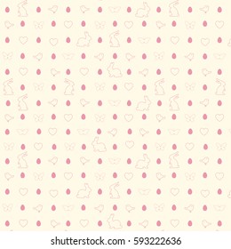Easter seamless pattern with eggs, rabbits, birds, hearts, butterfly.Perfect for invitations, posters and easter cards