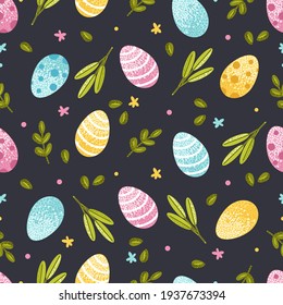 Easter seamless pattern with eggs and spring elements. Vector illustration for wallpaper, wrapping paper, postcards