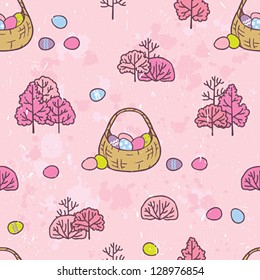 Easter seamless pattern with eggs and trees