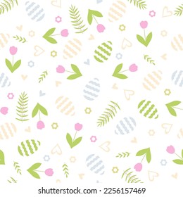 Easter seamless pattern with eggs, tulips and hearts