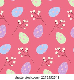 Easter seamless pattern with Easter eggs and twigs in trendy coral shades. Happy Easter. Springtime