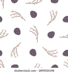  Easter seamless pattern with eggs and willow twigs. Festive Easter background. Design for Easter, textile, paper, printing