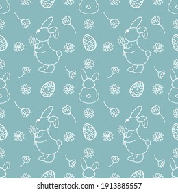 Easter seamless pattern with eggshell and bunny. Blue and white doodles