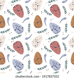 Easter seamless pattern with easter elements - egg, bunny, flowers and branches. Rustic eco background design.