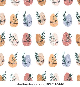Easter seamless pattern with easter elements - egg, bunny, flowers and branches. Rustic eco background design.