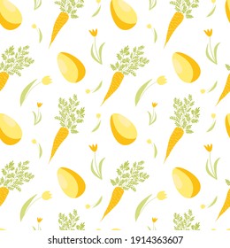 Easter seamless pattern. Easter elements on white background. Orange carrot, eggs, tulips. Vector stock illustration. Wrapping paper, invitations, home decor, textile.