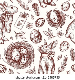 Easter seamless pattern in engraving style. Rabbits, Easter eggs spotted, nest with eggs, tag, leaves, feathers. Vintage vector hand drawn. Texture for fabric, wrapping paper, textile, background