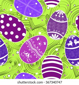 Easter seamless pattern with ethnic ornamented eggs. Green and violet palette.