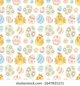 Easter seamless pattern featuring adorable yellow chicks and colorful decorated eggs with various designs on a white background