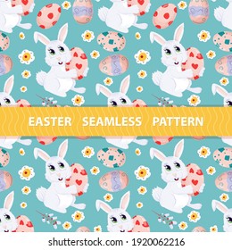 Easter seamless pattern, flat illustration in the style of childrens doodle, rabbit holding a colored egg, the drawings are arranged in random order