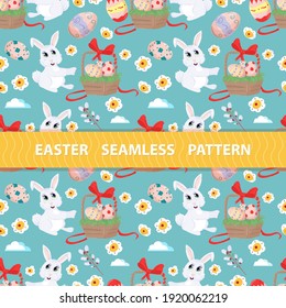 Easter seamless pattern, flat illustration in the style of childrens doodle, Basket with colored eggs and rabbits, drawings are arranged in random order