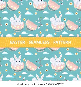 Easter seamless pattern, flat illustration in the style of childrens doodle, Rabbit in the shell of a painted egg, drawings are arranged in random order