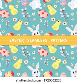 Easter seamless pattern, flat illustration in the style of childrens doodle, Rabbit with chicken and colored eggs, the drawings are arranged in random order