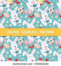 Easter seamless pattern, flat illustration in the style of childrens doodle, A rabbit sits and holds a colored egg, the drawings are arranged in random order