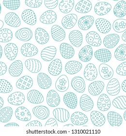 Easter seamless pattern with flat line icons of painted eggs. Egg hunt vector illustrations, christianity traditional celebration wallpaper. Blue, white color.