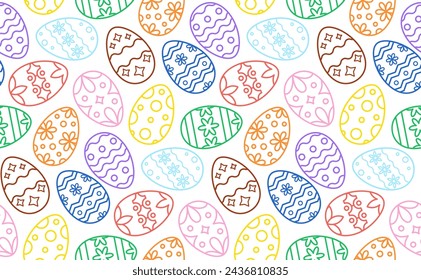 Easter seamless pattern with flat line icons of painted eggs isolated on transparent background. Egg hunt vector illustration for printing on fabric, paper for scrapbooking, gift wrap and wallpapers.