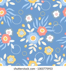 Easter seamless pattern with floral bouquets on blue background. Perfect for wallpaper, gift paper, spring greeting cards