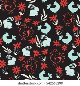 Easter seamless pattern. Floral illustration with chickens and rabbits for decoration traditional holiday symbols