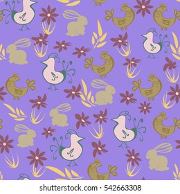 Easter seamless pattern. Floral illustration with chickens and rabbits for decoration traditional holiday symbols