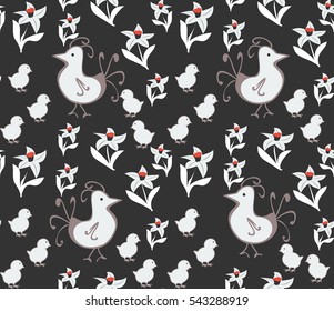 Easter seamless pattern. Floral illustration with chickens and flowers daffodils for decoration traditional holiday symbols