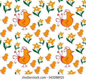 Easter seamless pattern. Floral illustration with chickens and flowers daffodils for decoration traditional holiday symbols