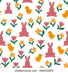 Easter seamless pattern. Floral illustration with chickens, flowers daffodils and rabbits for decoration traditional holiday symbols