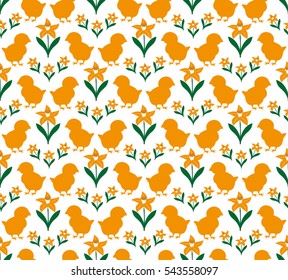 Easter seamless pattern. Floral illustration with chickens and flowers daffodils for decoration traditional holiday symbols