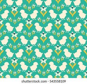 Easter seamless pattern. Floral illustration with chickens and flowers daffodils for decoration traditional holiday symbols