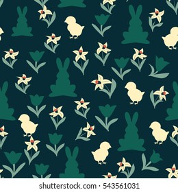Easter seamless pattern. Floral illustration with chickens, flowers daffodils and rabbits for decoration traditional holiday symbols