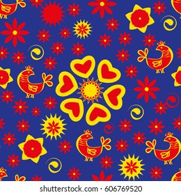 Easter seamless pattern. Floral illustration with chickens and rabbits for decoration traditional holiday symbols