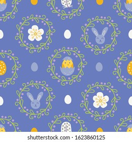 Easter seamless pattern with floral wreaths, chicken, bunny, feathers, flowers, eggs. Scandinavian style. Perfect for wallpaper, gift paper, web page background, spring greeting cards