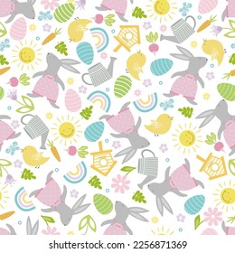Easter seamless pattern with flower, branch, holiday eggs, bunny, chicken. Perfect for wallpaper, gift paper, pattern fills, web page background, spring and Easter greeting cards