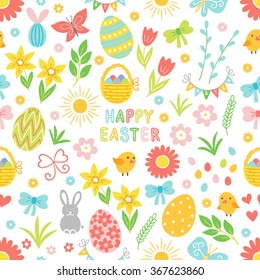 Easter seamless pattern with flower, branch, holiday eggs, basket, bow, garland, bunny, chicken. Perfect for wallpaper, gift paper, pattern fills, web page background, spring and Easter greeting cards