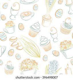Easter seamless pattern with flower, cake, holiday eggs, basket, tulps. Perfect for wallpaper, gift paper, pattern fills, web page background, spring and Easter greeting cards