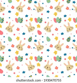 Easter seamless pattern with flower,  holiday eggs,  bunny. Perfect for wallpaper, gift paper, pattern fills, web page background, spring and Easter greeting cards