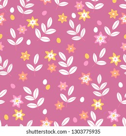 Easter seamless pattern with flowers, branches and eggs on pink background. Perfect for wallpaper, gift paper, spring greeting cards