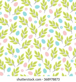 Easter seamless pattern with flowers, branches and eggs. Perfect for wallpaper, gift paper, pattern fills, web page background, spring and Easter greeting cards