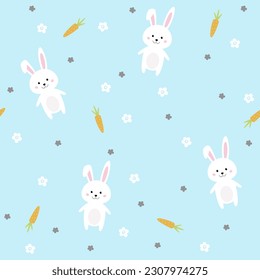 Easter seamless pattern with flowers, bunny and carrots. Perfect for wallpaper, gift paper, pattern fills, web page background, spring and Easter greeting cards