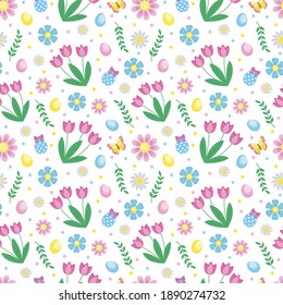 Easter seamless pattern with flowers, butterflies, rabbit and eggs. Spring cute repeating textures. Children's, baby, kids Easter endless background, paper, wallpaper. Vector illustration