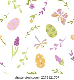 Easter seamless pattern with flowers, butterflies and eggs on a white background.Vector illustration.