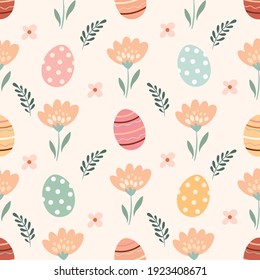 Patrón de Pascua sin fisuras con flores y huevos, colores pastel, diseño estacional