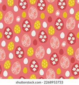 Easter seamless pattern with flowers and eggs on pink background. Perfect for greeting card, holiday decoration, wallpaper, wrapping paper, fabric. Vector illustration