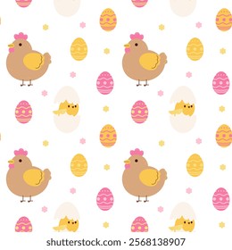 Easter seamless pattern with flowers, Easter eggs, Hen and chicken. Suitable for Easter cards, banners, textiles, wallpaper. Vector illustration.