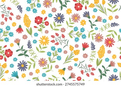 Easter seamless pattern with flowers and floral elements on white background1. Concept of Easter, nature, botanical decoration, summer, spring and holiday beauty. Vector hand drawn background.