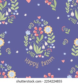 Easter seamless pattern. Flowers and flowering Easter egg on blue background. Vector illustration. Botanical floral pattern for decor, design, packaging, wallpaper, textile